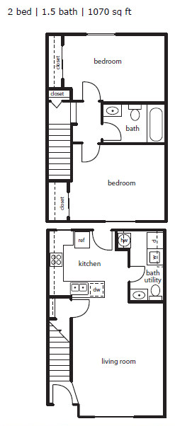 Floor plan for 2 beds, 1.5 baths, 1070 sqft